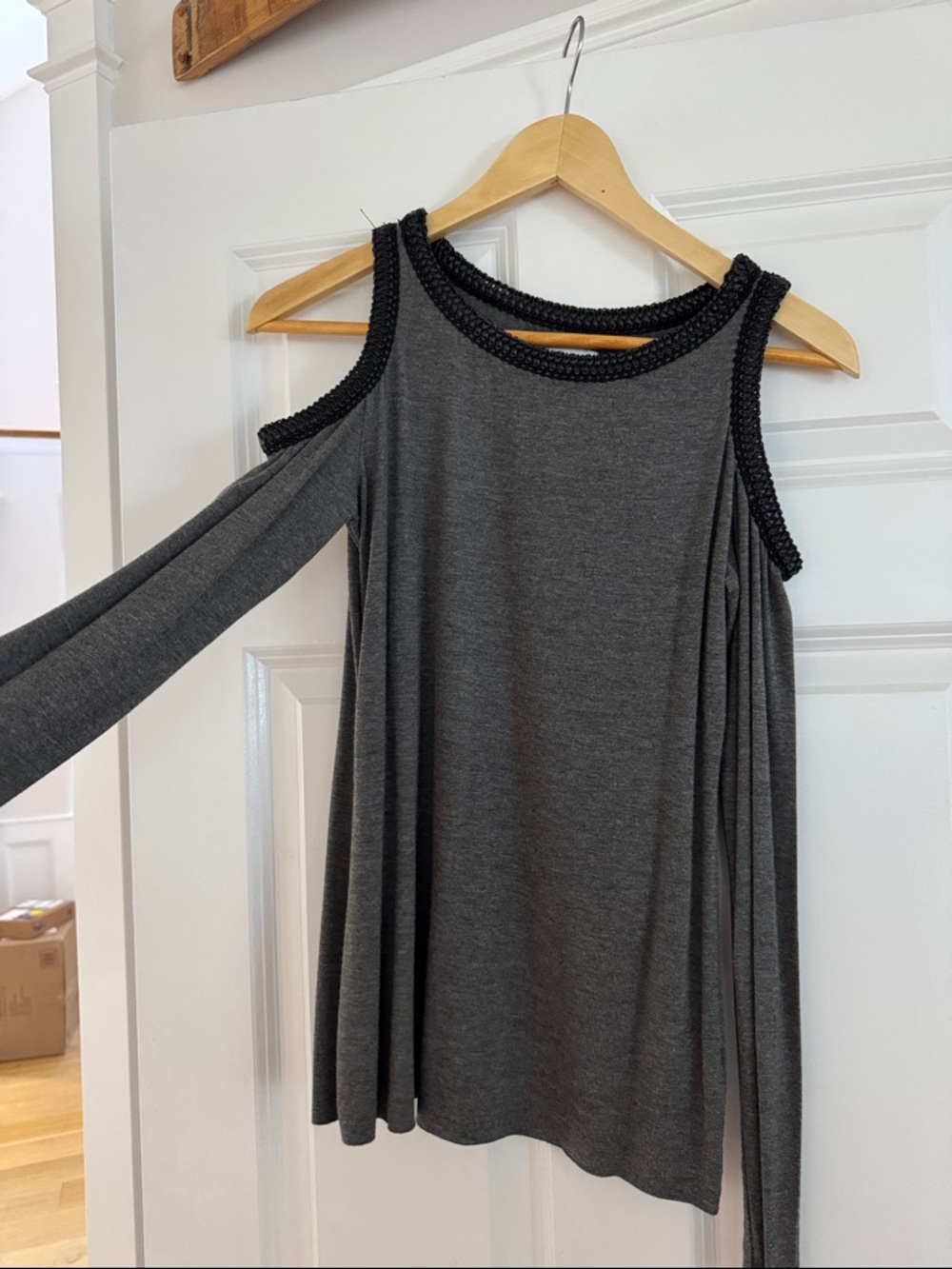 Bailey 44 Charcoal Gray Top with Black Braided Leather Trim